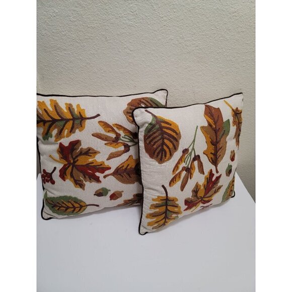 Set Of 2 Autumn Embroidery Leaf Pattern Throw Pillow Covers With Piping 16" Squa - Picture 2 of 6